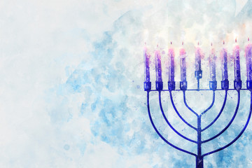 watercolor style and abstract image of jewish holiday Hanukkah with menorah (traditional candelabra)