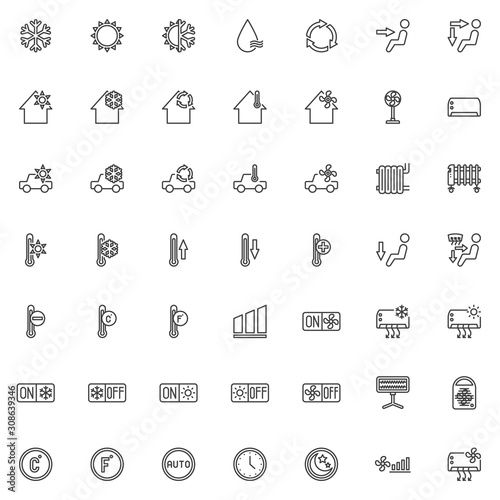 Heating And Cooling System line icons set. Air conditioning function linear style symbols collection, outline signs pack. vector graphics. Set includes icons as temperature heater, car climate control