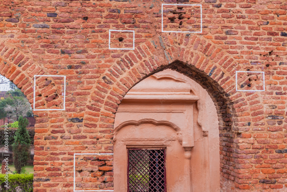 Bullet holes at the Jallianwala Bagh massacre site in Amritsar, Punjab state, India