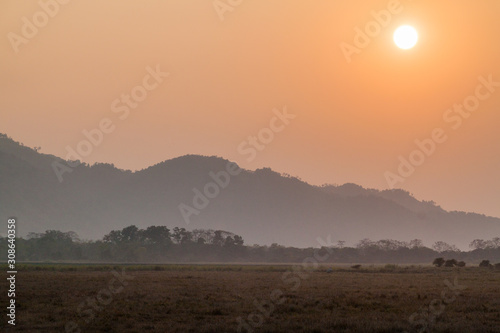 Sunset in Kaziranga National Park, Assam state, India
