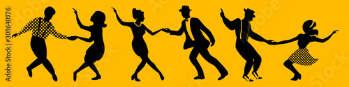 Horizontal banner with three dancing couples silhouettes on yellow background. People in 1940s or 1950s style. Vector illustration.