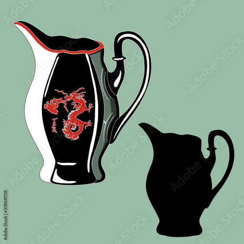 black milk jug with a red dragon painted on it and the same stencil, vector clip art on a gray isolated background