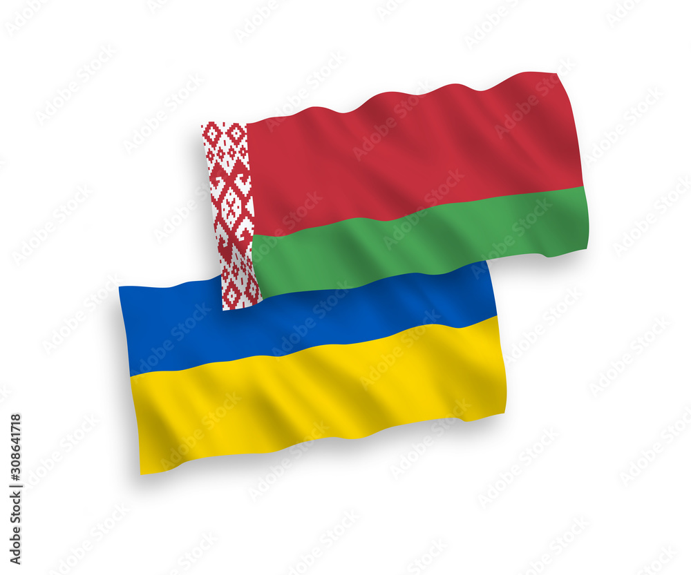 Obraz premium National vector fabric wave flags of Belarus and Ukraine isolated on white background. 1 to 2 proportion.