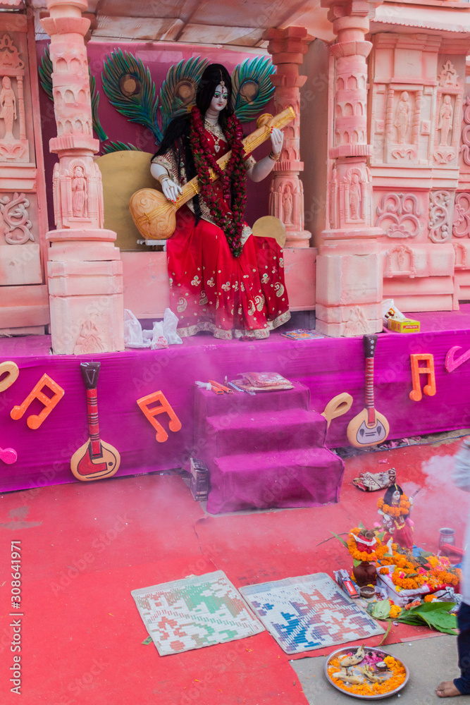 Fototapeta premium GUWAHATI, INDIA - JANUARY 31, 2017: Shrine of Saraswati (Sarasvati), Hindu goddess of knowledge, music, art, wisdom, and learning in Guwahati, India