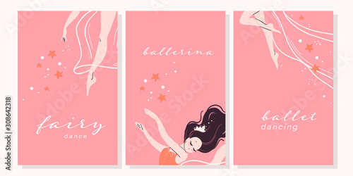Set of beautiful cards with cartoon ballerina dancer characters in different poses isolated on light background. Ballet dance school banner, poster, print. Vector illustration.