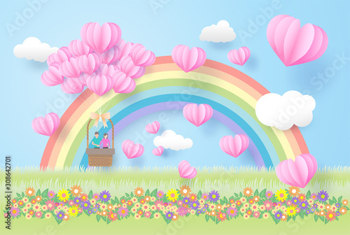 beautiful rainbow and flowers  in the sky,  paper art style