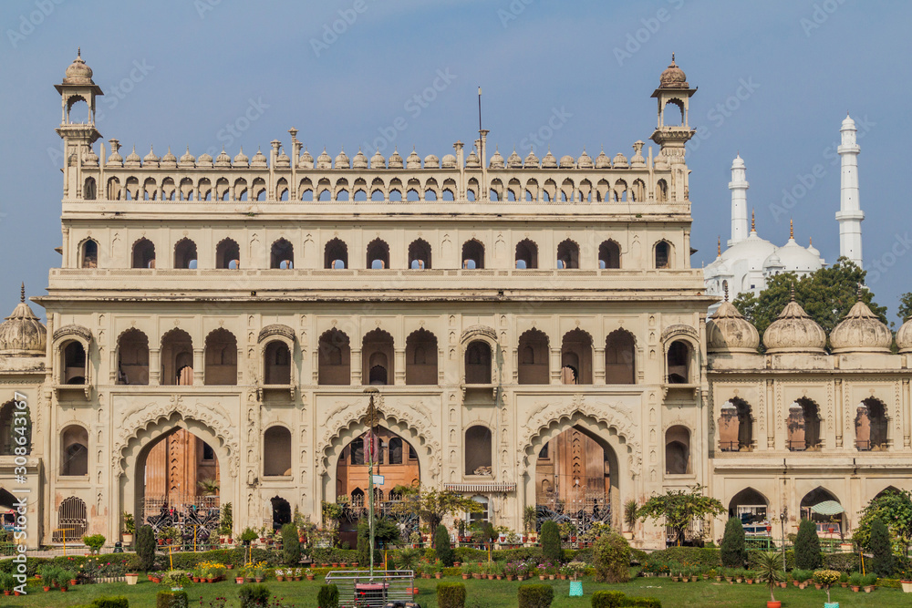 Entry gate to Bara Imambara in Lucknow, Uttar Pradesh state, India. Teele Wali Mosque in the background.