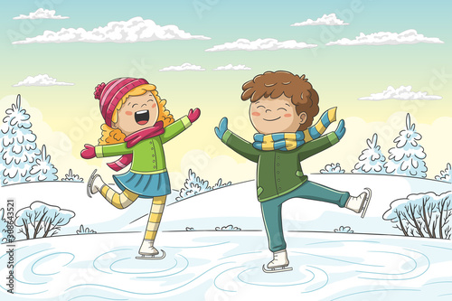 Two kids skatin. Hand drawn vector illustration with separate layers.