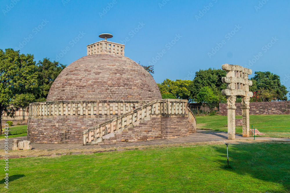 View of Stupa 3, ancient Buddhist monument at Sanchi, Madhya Pradesh, India