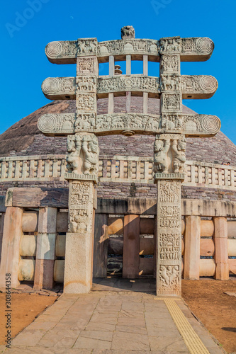 View of Stupa 1, ancient Buddhist monument at Sanchi, Madhya Pradesh, India