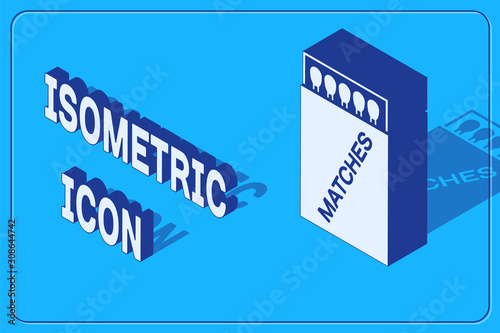 Isometric Open matchbox and matches icon isolated on blue background. Vector Illustration