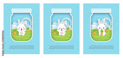 Set of greeting cards with cute rabbits in paper cut style.