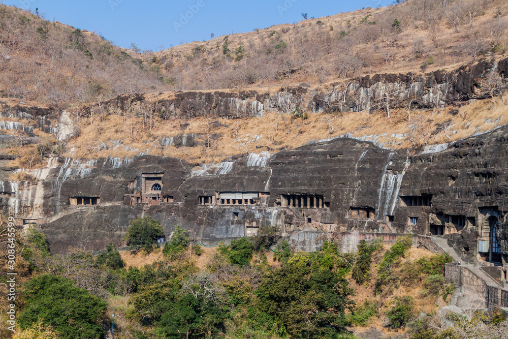 View of Ajanta, Buddhist caves carved into a cliff, Maharasthra state, India