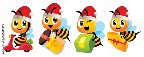 Merry Christmas! Cartoon cute bee mascot wearing Christmas hat. Cartoon cute bee deliver product set. Cute bee ride scooter, cute bee carry organic honey bottle - Vector character Christmas set