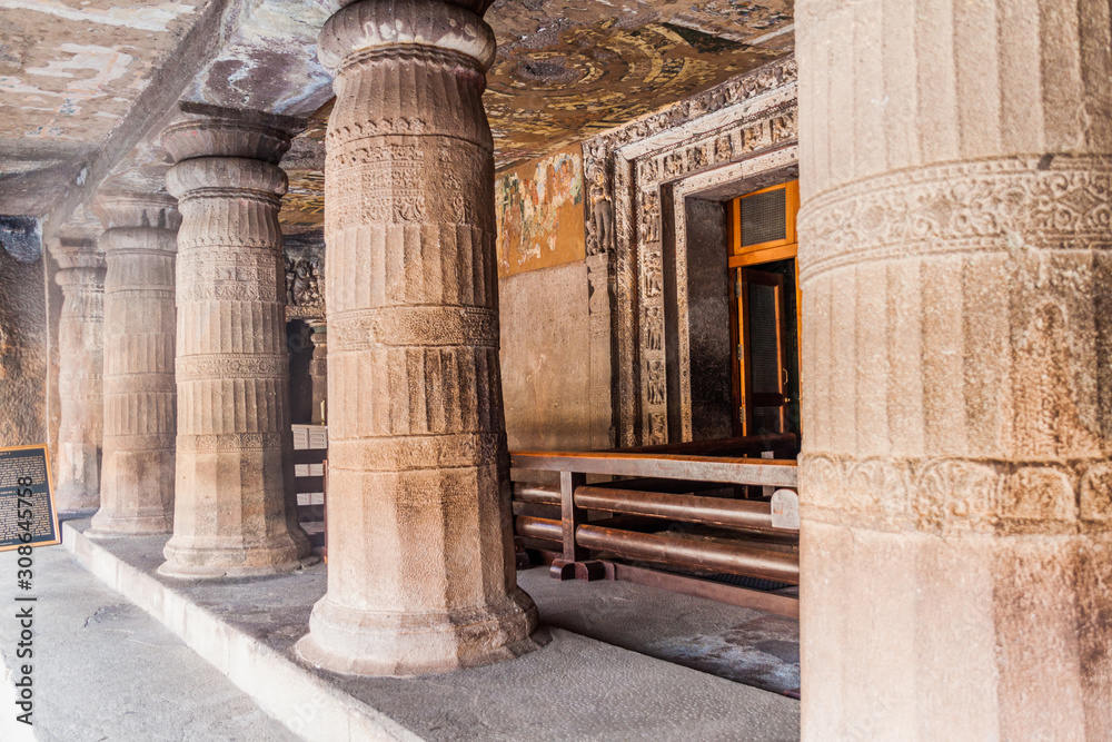 Fototapeta premium Buddhist cave 2 carved into a cliff in Ajanta, Maharasthra state, India
