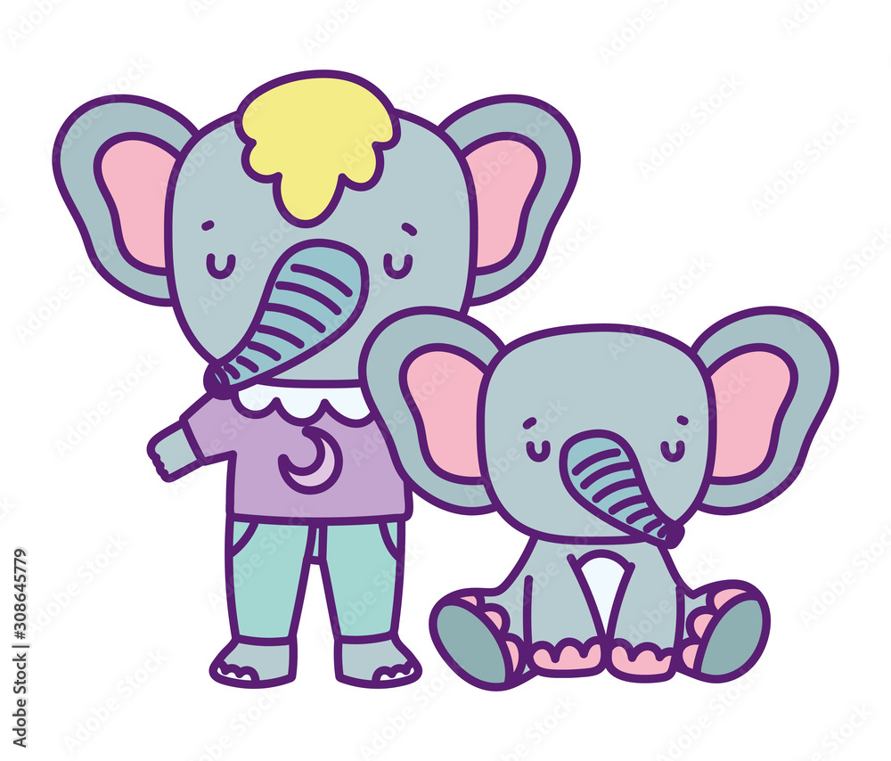 Obraz premium baby shower cute elephants with clothes hearts love cartoon