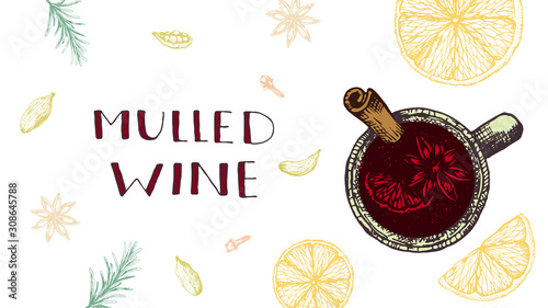 Stock vector illustration mulled wine Merry Christmas Menu template top view. Hot alcohol drink and ingredients for mulled wine spices, herbs, fruits. Winter beverage banner for restaurant and cafe 