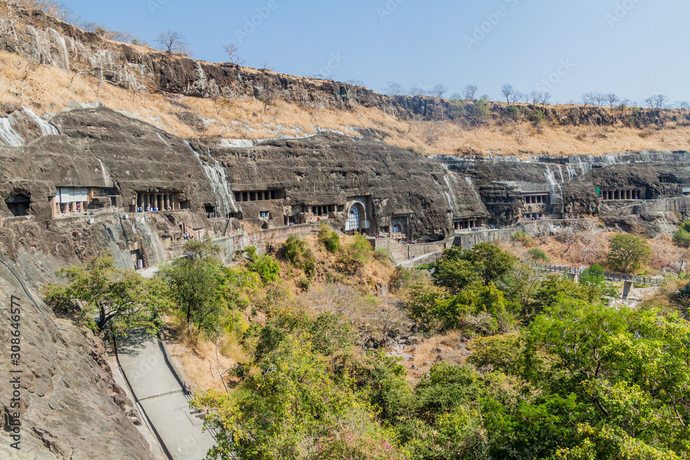 Buddhist caves carved into a cliff in Ajanta, Maharasthra state, India