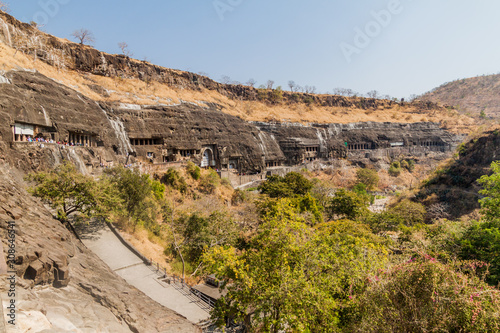 Buddhist caves carved into a cliff in Ajanta, Maharasthra state, India