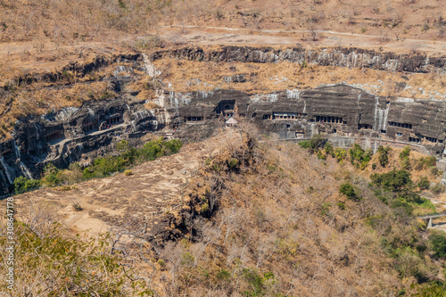 Buddhist caves carved into a cliff in Ajanta, Maharasthra state, India