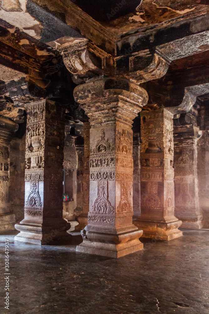 ELLORA, INDIA - FEBRUARY 7, 2017: Interior of Kailasa Temple in Ellora, Maharasthra state, India