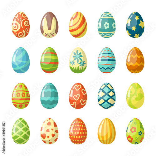Colorful painted easter eggs flat illustrations set