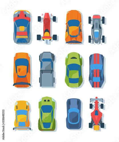 Race cars top view flat illustrations set