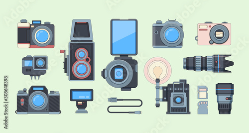 Retro and modern cameras flat illustrations set