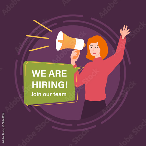 Staffing & recruiting business concept with woman holding megaphone illustration
