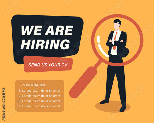 We are hiring concept with businessman and magnifying glass illustration. Staffing and recruiting business concept