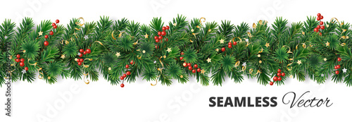 Vector Christmas decoration. Pine tree garland with holly berries.