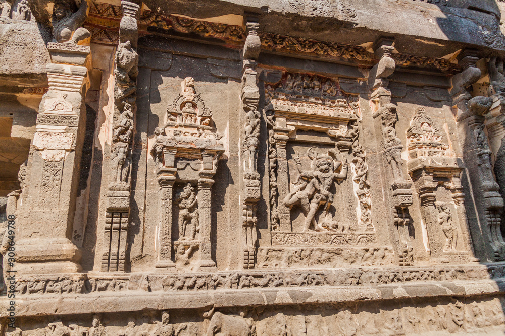 Carvings at Kailasa Temple in Ellora, Maharasthra state, India