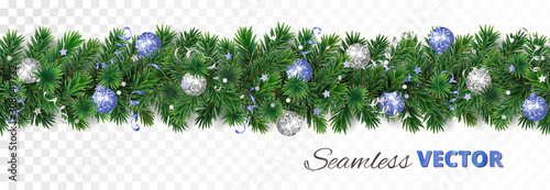 Vector Christmas decoration. Pine tree garland with blue and silver ornaments