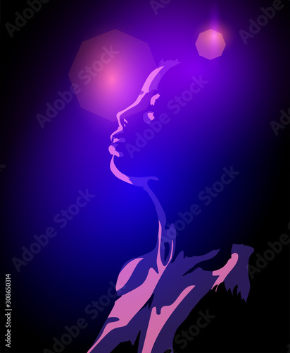 Woman praing in the blue and red light. Emotion woman's portrait 