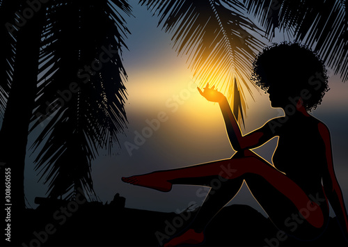 Silhouette slim woman relaxing on the ocean beach at sunset. Palm trees around. 