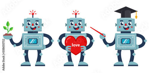 set of positive robots. a robot teacher, a nerd robot, and a robot with a big heart. Flat vector characters illustration.