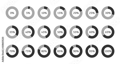 Chart pie with 0 5 10 15 20 25 30 35 40 45 50 55 60 65 70 75 80 85 90 95 100 percent. Percentage circle graph. Vector graphic statistic for presentation. Round diagram symbol