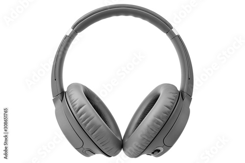 One gray wireless headphones on white background isolated close up, grey bluetooth headset with noise cancelling, modern wi-fi black earphones, audio music device symbol, stereo sound equipment sign