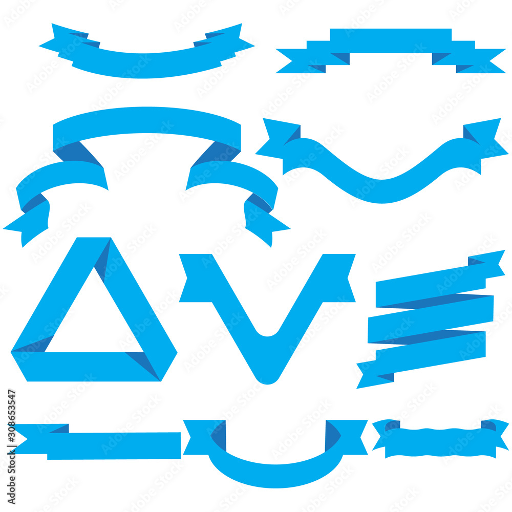 Blue Ribbon Set In Isolated For Celebration And Winner Award Banner White Background, Vector Illustration