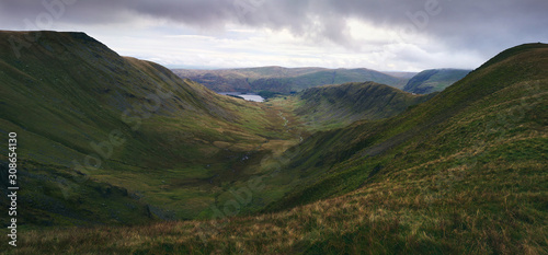 Distant views of Haweswater from the mountain summit of High Street in the Lake District.
