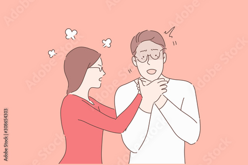 Couple quarrelling, relationship conflict, angry girlfriend concept. Irritated woman gripping boys throat. Mad woman nervous about colleague, punishing bad behavior. Simple flat vector