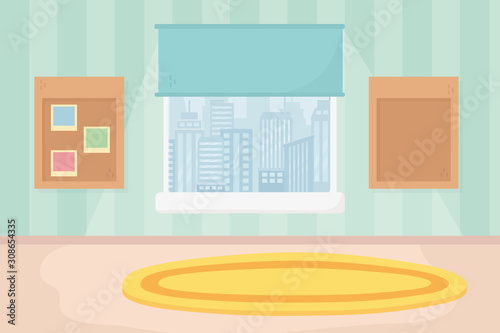 kids zone, playroom carpet board picture window scene