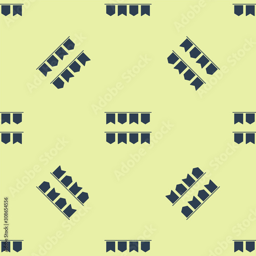 Blue Carnival garland with flags icon isolated seamless pattern on yellow background. Party pennants for birthday celebration, festival and fair decoration. Vector Illustration
