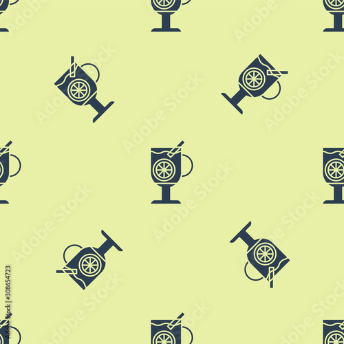 Blue Mulled wine with glass of drink and ingredients icon isolated seamless pattern on yellow background. Cinnamon stick, clove, lemon slice. Vector Illustration