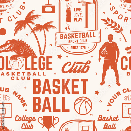 Basketball club seamless pattern or background. Vector. Seamless sport pattern with basketball ball, basket, hoop and player silhouette. Basketball sport club texture.
