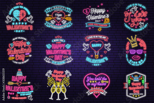 Set of Happy Valentines Day neon greetings card, flyers. All you need is love. Stamp, badge with heart, dove, key and hot air balloon. Vector. Valentines Day neon bright signboard, light banner