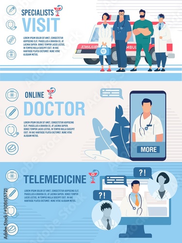 Telemedicine, Online Doctor Call and Medical Specialist Home Visit. Header Banners Set Trendy Flat Design. Internet Healthcare Services Advertising. Search and Talk to Medic Staff. Vector Illustration