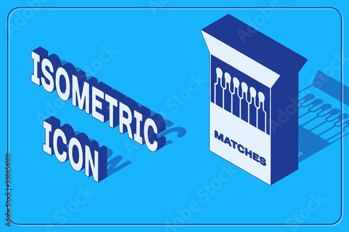 Isometric Open matchbox and matches icon isolated on blue background. Vector Illustration