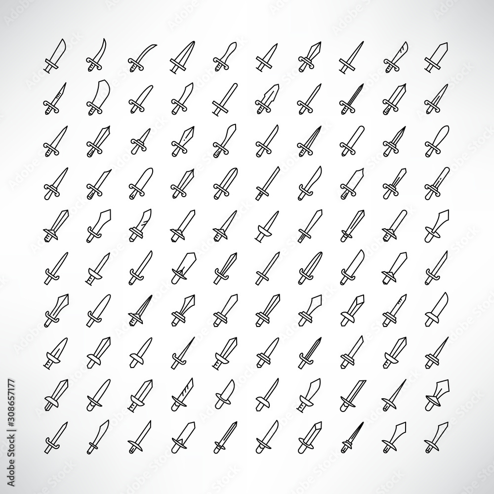 big collection of sword, dagger and knife icons line design vector big collection of sword, dagger and knife icons line design vector