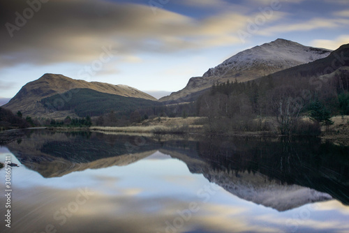 Glen lochy  Highlands  Scotland  UK. reflections in water with mountains.